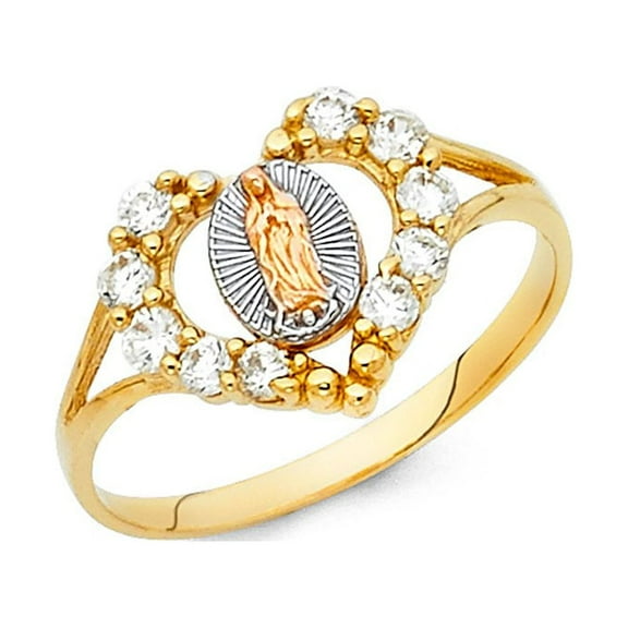 14k Tri Color Gold Cubic Zirconia Heart Shape Virgen de Guadalupe Ring 11mm