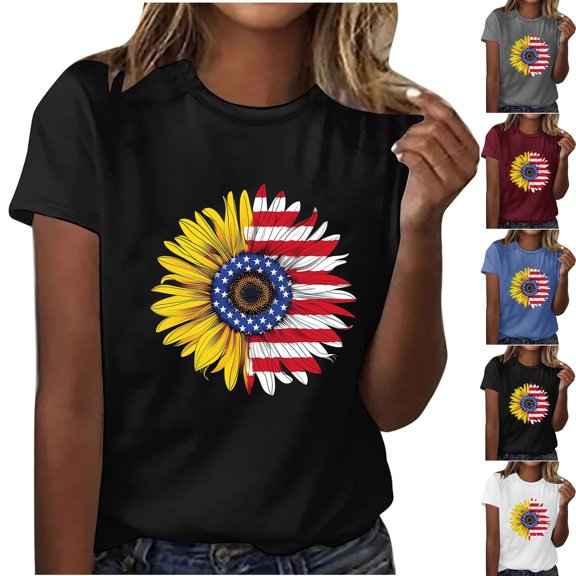 WREESH Patriotic Shirts Women's Short Sleeve Top Independence Day Sunflower Print Crew Neck Summer Fashion Essential Black