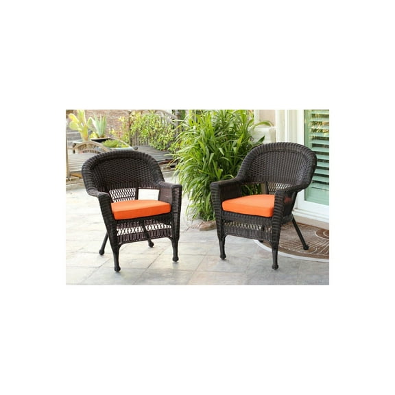 Jeco Wicker Chair with Orange Cushion - Set of 2-Finish:Honey,Top Back Pattern:Covered