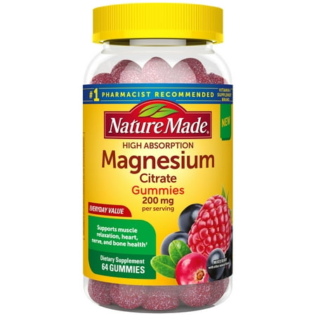 Nature Made High Absorption Magnesium Citrate 200mg Gummies, 64 Count to Support Muscle Relaxation, Heart, Nerve, and Bone (Best Way To Drink Magnesium Citrate)