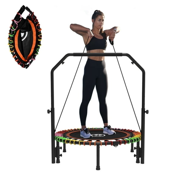 DVH 48" Foldable Fitness Trampoline, HeavyDuty Rebounder with Bungees & Adjustable Safety Handle, 550lbs Exercise Trampoline for Indoor, Outdoor Workout