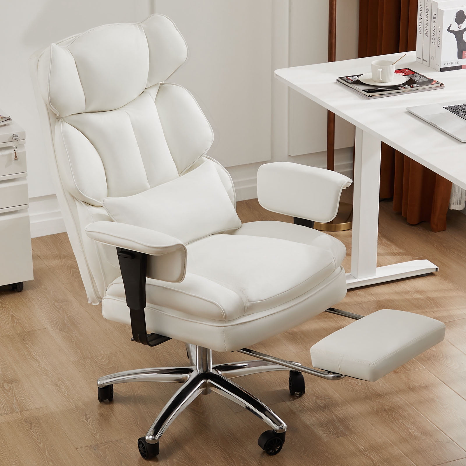 GIANNA Executive Home Office Desk Chair Ergonomic Big Tall High Back with Footrest & Lumbar Support, Reclining Height Adjustable Comfy PU Leather Computer Gaming with Swivel Wheels, White