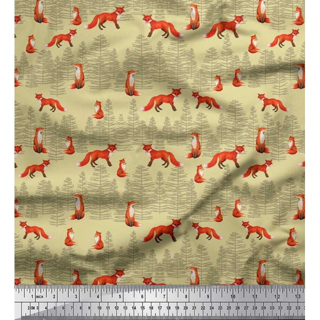 Soimoi Beige polyester Crepe Fabric Cedar Tree & Fox Animal Print Sewing Fabric Yard 42 Inch Wide