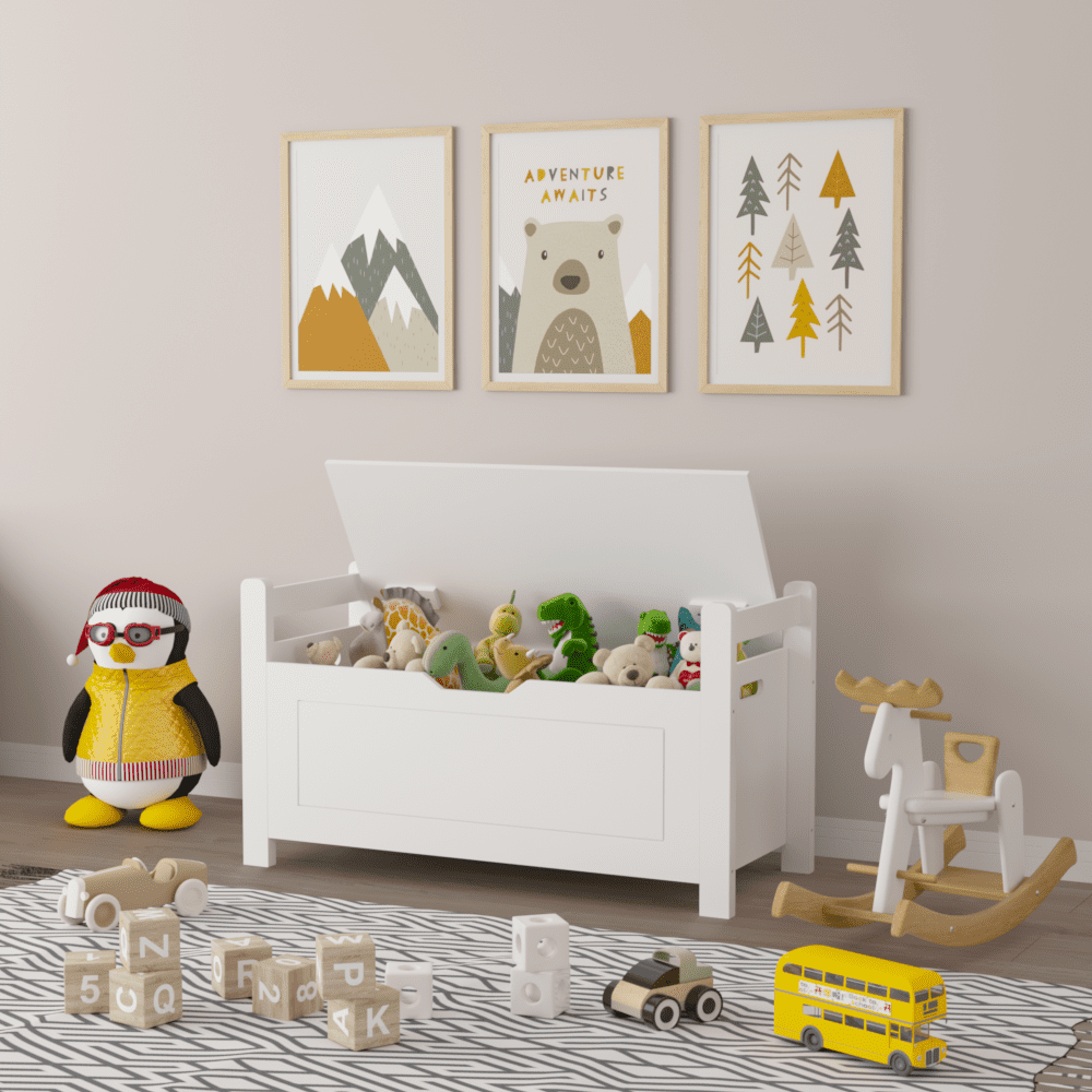 Hassch 35" Storage Bench with Seat Cushion, Wooden Toy Box Storage Trunk with Flip-Top Lid and Safety Hinges, for Entryway, Living Room, Bedroom, White