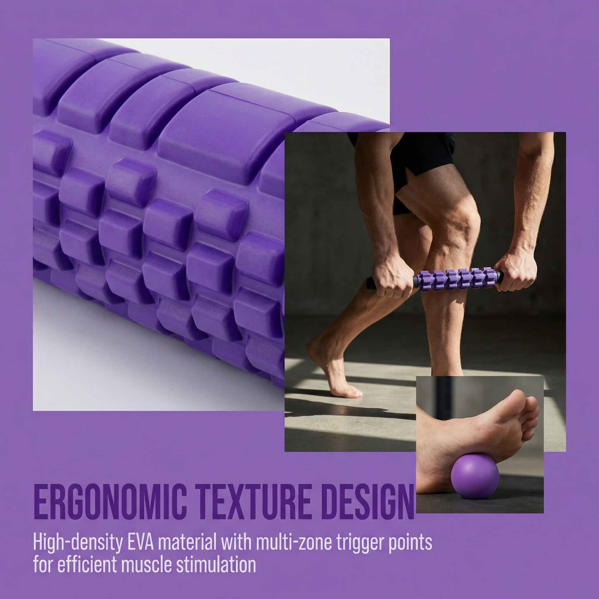 4-in-1 Purple Foam Roller Set,Foam Roller,Massage Stick,Massage Ball & Carry Bag, Deep Tissue Massage Tool for Muscle Recovery,Back Pain Relief,Yoga,Pilates,Home Gym & Physical Therapy