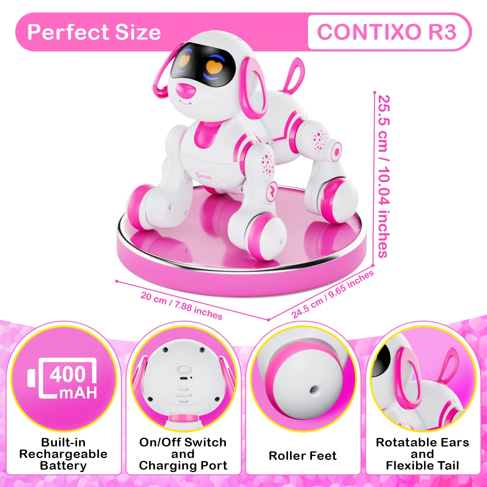 Contixo R3 Electronic Robot Dog, Interactive Smart Puppy Robot Toys, Kids Toys with Lights & Sounds, Pink