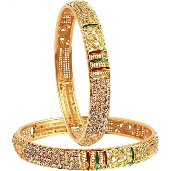 Pallavi Creation 2 Piece Kada Set Ad Cz Stones Gold Plated Daily Use Handmade Meena Work Fashion Jewelry indian bangles for Women & Girls