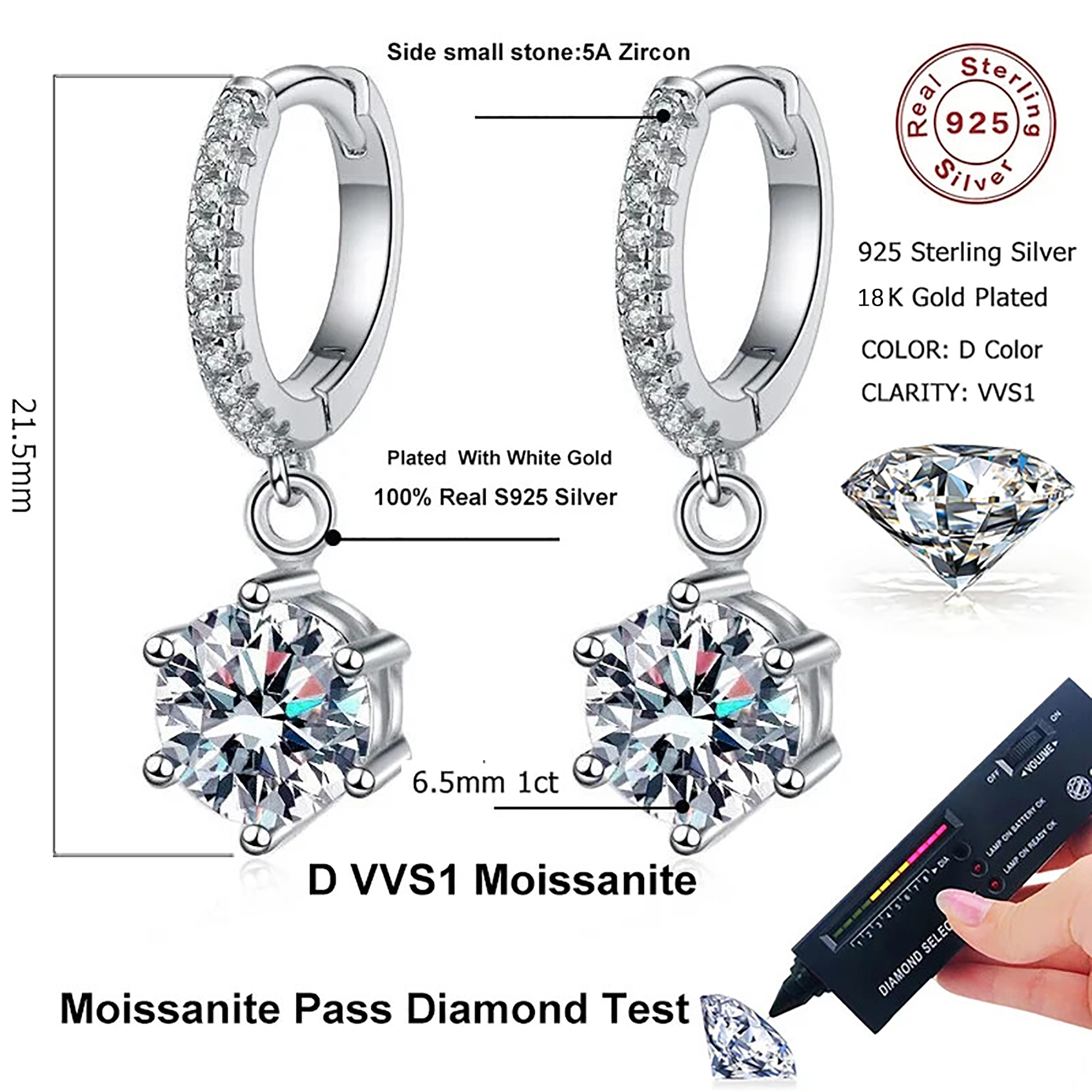 Moissanite Earrings for Women Hypoallergenic Drop Dangle Earrings D Color Round Cut Earrings 18K White Gold Plated S925 Sterling Silver Earrings 1.0ct Leverback