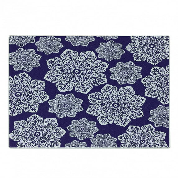 Navy Blue Cutting Board, Floral Lace Graphic Print Snowflake Themed Pattern Ornate Circle Batik Texture, Decorative Tempered Glass Cutting and Serving Board, Small Size, Blue White, by Ambesonne