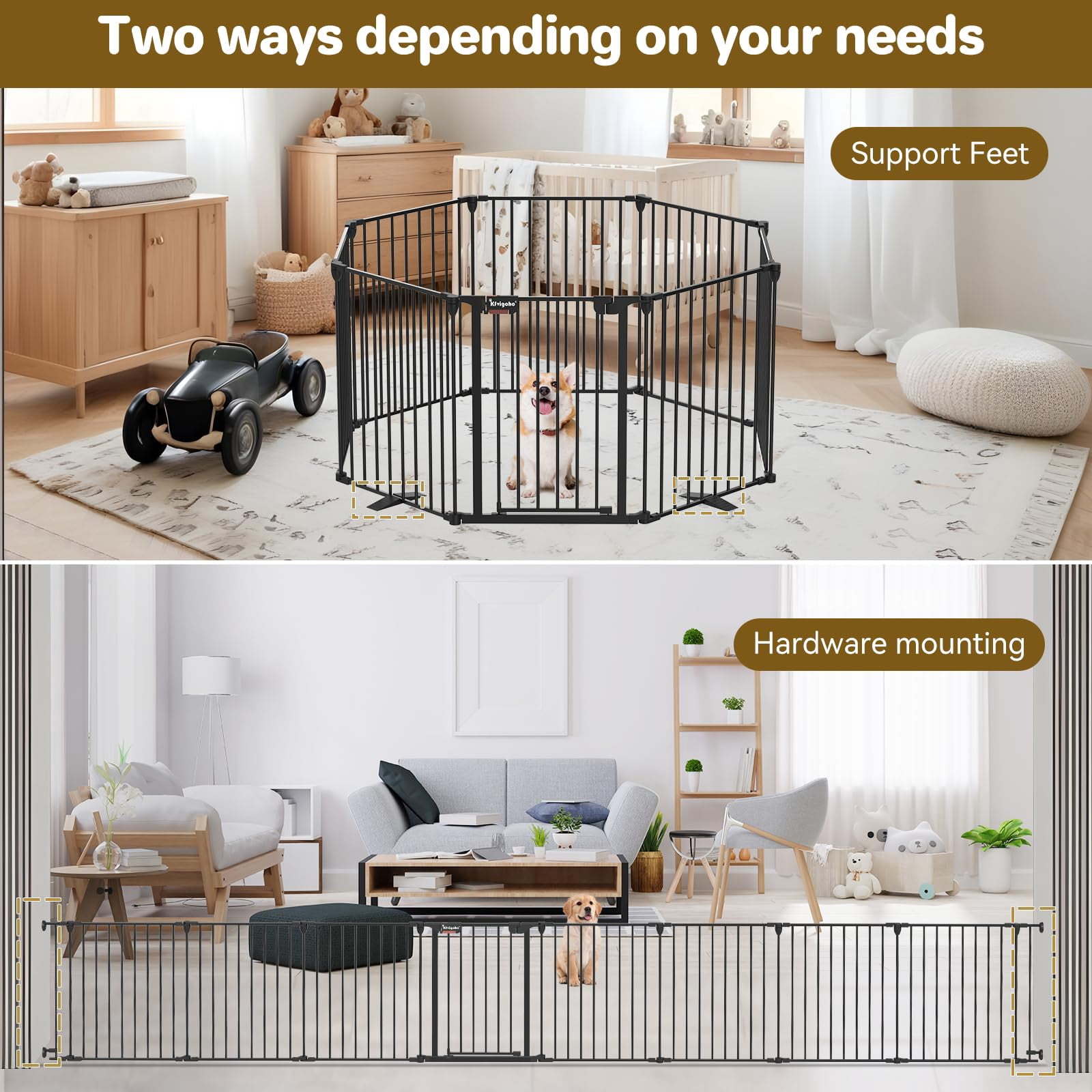 Kfvigoho Dog Gate 35"-199" Extra-Wide Gate for Stairs, Freestanding wire pet door, fireplace dual-locking system with automatic door closing feature, collapsible 6 steel panels (Black, 8 panels)