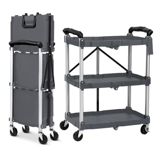3 Tier Foldable Utility Cart with Lockable Wheels, 23x15x33 Inch Portable Storage Cart for Kitchen Office Warehouse, Dark Grey or Black Red