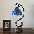 thumbnail image 4 of Tiffany Table Lamp Blue Stained Glass Green Leaves Iron Metal Leaves Bronze Base For Living Room Dining room Bedroom Bedside 21"H, 4 of 6