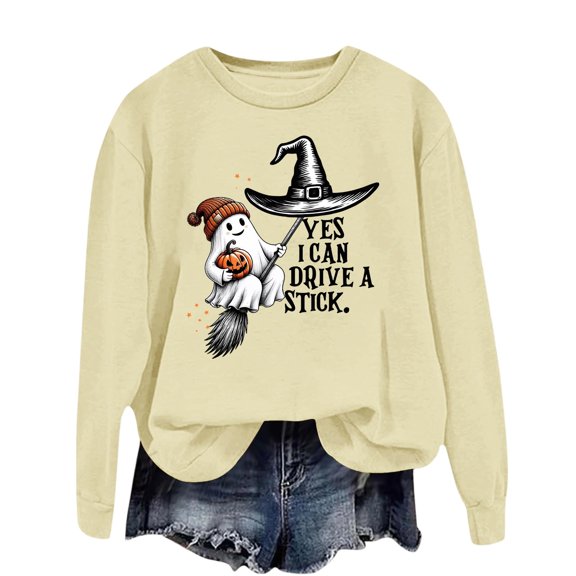 Long Sleeve Fall Sweatshirts for Women Oversized Cute Ghost Halloween Graphic Tees Pumpkin Scary Pullover Soft Cozy Casual Tops Vacation Beige L