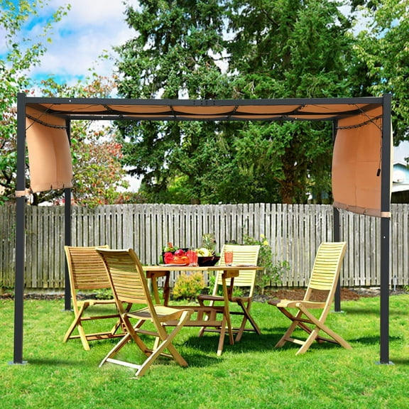 10x10 Outdoor Pergola Canopy Garden Retractable Pergola Steel Frame Patio Gazebo with Solar Powered Led Kit for BBQ, Party, Beach (Tan)