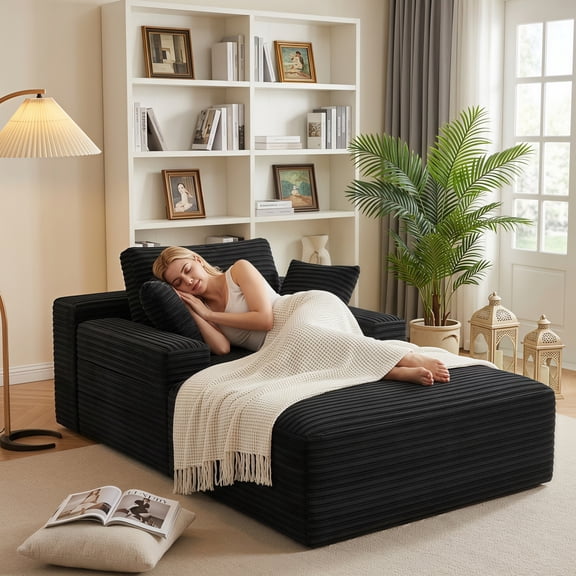 Noelse 67" Oversized Chaise Lounge Chair Indoor Furniture, Plush Corduroy Floor Sofa Bed with 3 Pillows, Deep Seat, No Assembly, Black