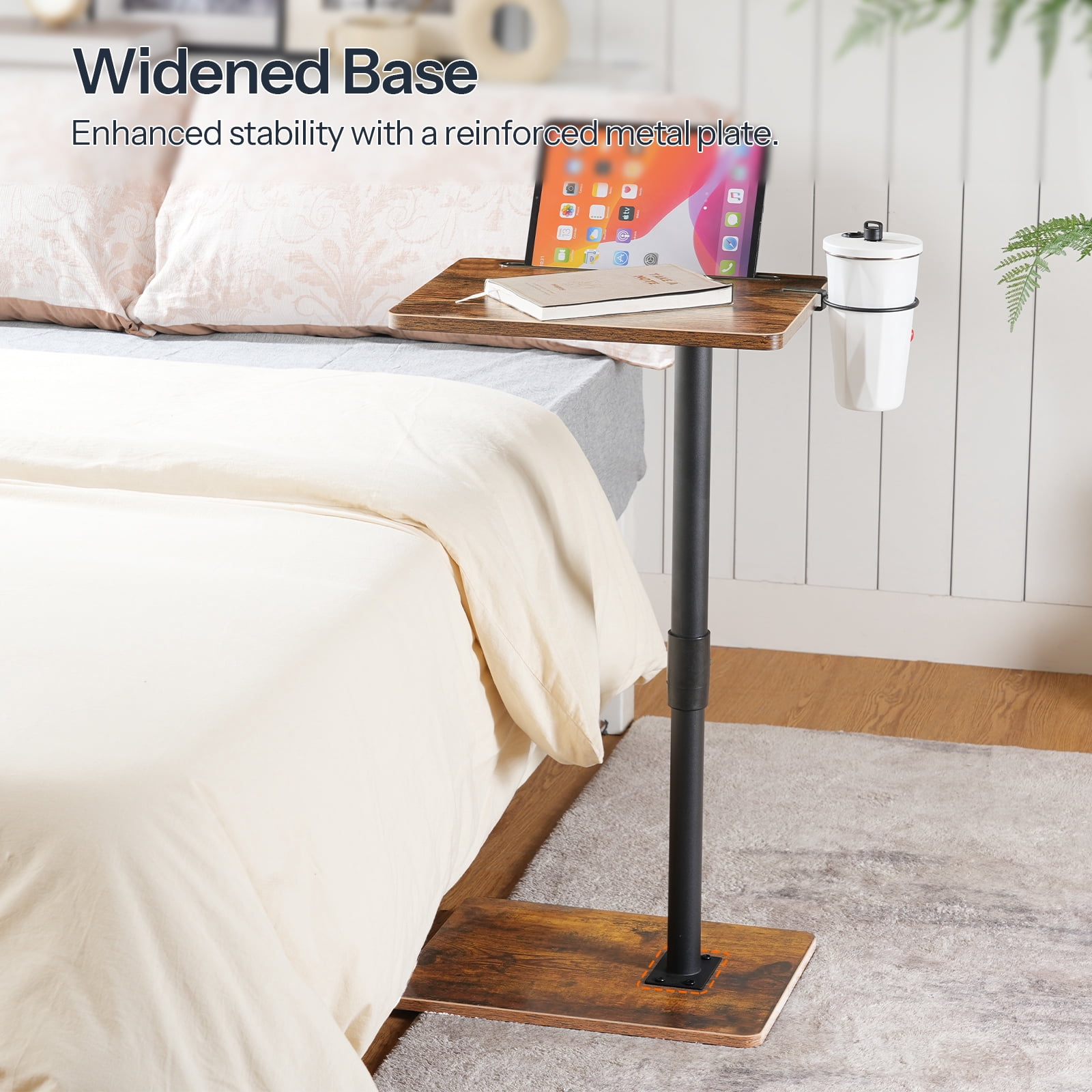 HOOBRO Adjustable C-Shaped TV Tray Table - Height Adjustable 16.5''-31.5'', 360° Swivel End Table with Cup Holder & Device Stand - Perfect for Small Spaces, Living Room, Bedroom ,Rustic Brown