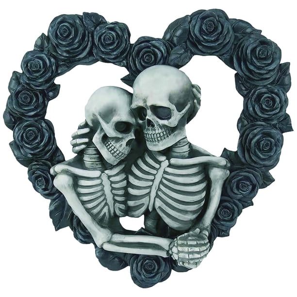 Letrero decorativo SCZ con colgante rosa negra y pareja de esqueletos