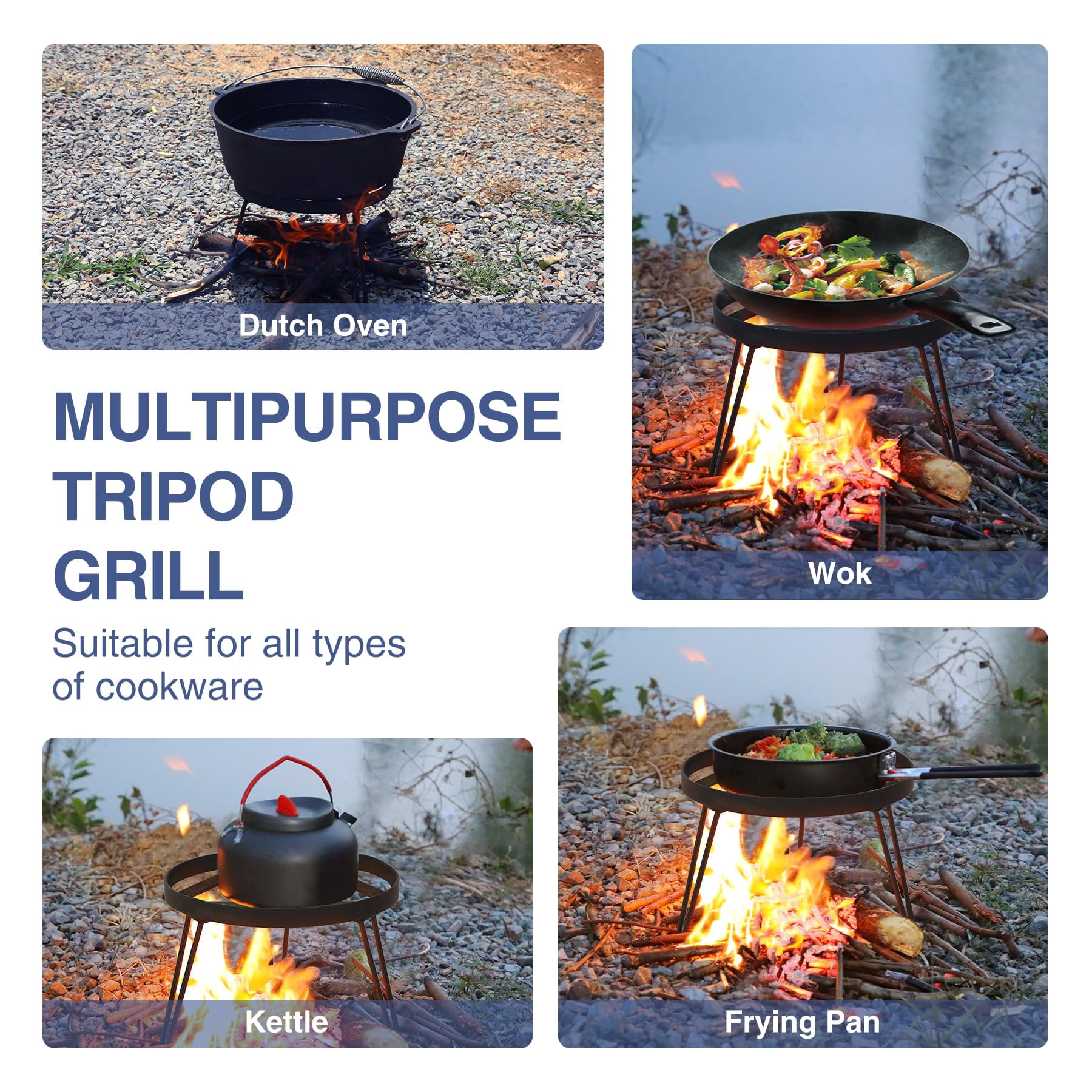RedSwing Folding Campfire Tripod for Cooking, Portable Camping Tripod Stand for Solo Stove Bonfire Fire Pit, Dutch Oven, Open Fire, Iron Black