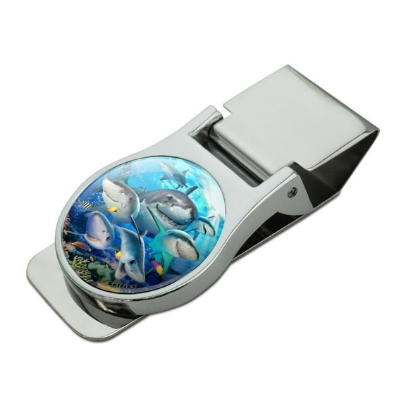 Shark Ocean Selfie Satin Chrome Plated Metal Money Clip