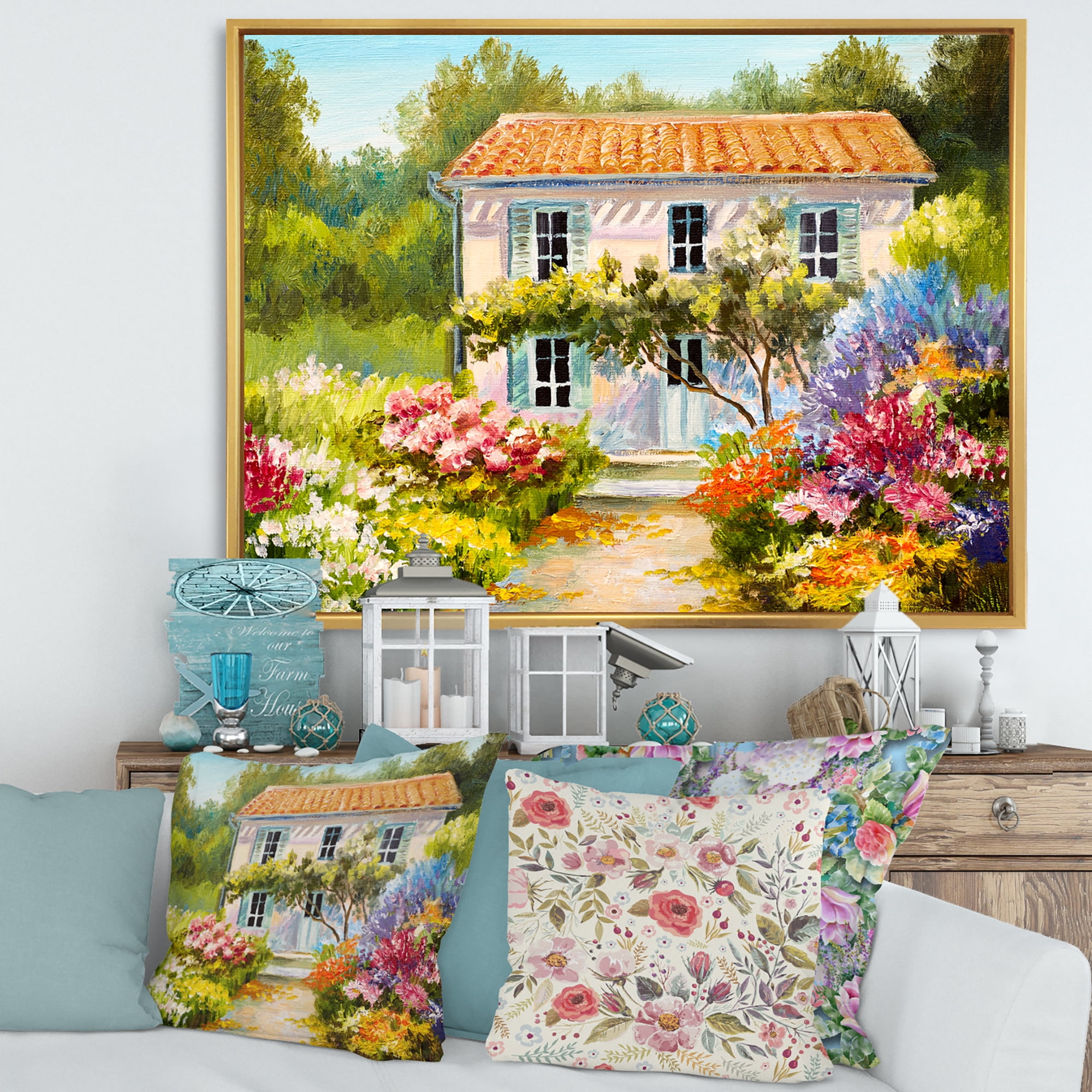 The Mountain With Flowers With Little House II 20 in x 12 in Framed Painting Canvas Art Print, by Designart