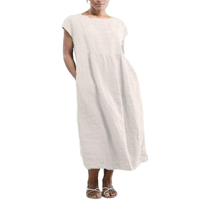 Innerwin Dresses Crew Neck Ladies Dress Beach Solid Color Loose Sundress White XL