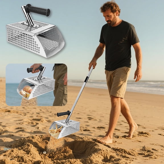 Metal Detecting Sand Scoop Heavy Duty Stainless Steel Sand Flea Rake for Beach Underwater Treasure Hunting Long Handle Sand Sifter Shovel with Anti- Grip Professional Tool for Gold