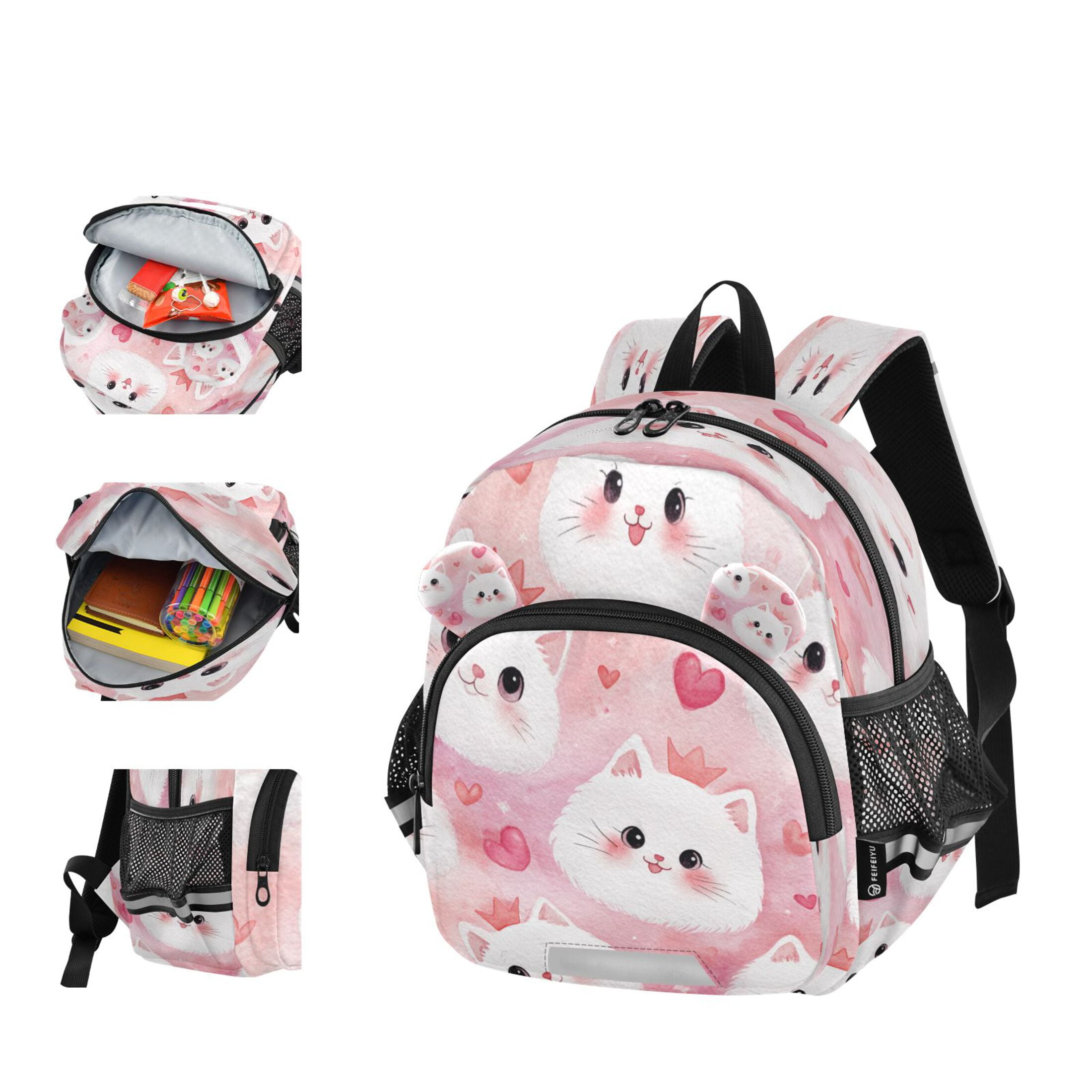 RMDQTR Adorable Ear-Print Backpack with Reflective Strip and Anti-Lost Leash Adjustable Shoulder Straps Mini Travel Backpack Cat Faces and Pink Hearts