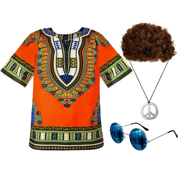 Ensemble de Costume Hippie pour Hommes Chemise Hippie Perruque Marron, Multicolore, Taille TG
