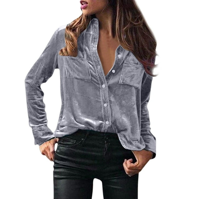 Camisa de terciopelo de invierno para mujer: top de manga larga con bolsillo con botón, poliéster suave, color liso, perfecto para el otoño/invierno.