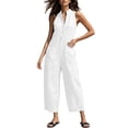 thumbnail image 4 of Cotton Jumpsuits for Women Round Neck Button Sleeveless Summer Rompers Casual Fashionable Solid Color Loose Wide Leg Jumpsuit with Pockets, 4 of 5