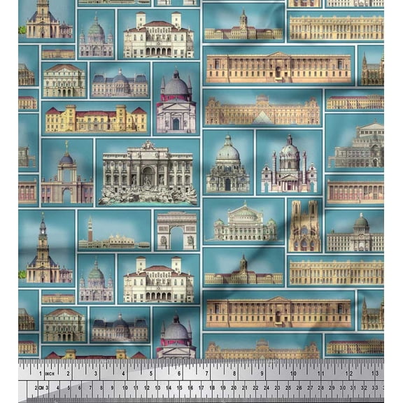 Soimoi Silk Fabric Monuments Patchwork Print Sewing Fabric Yard 42 Inch Wide