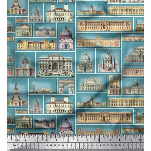 Soimoi Rayon Fabric Monuments Patchwork Printed Craft Fabric by The Yard 56 Inch Wide