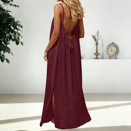 LEKWK Slip Dress for Women Beach Spaghetti Strap Maxi Dress Flowy High Split Backless Long Dresses Summer Party Club Elegant Cocktail Attire