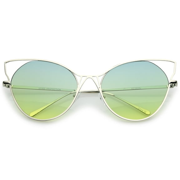 sunglassLA Female Women's Open Metal Slim Temple Gradient Flat Lens Oversize Cat Eye Sunglasses 60mm (Silver / Green-Yellow) - 60mm