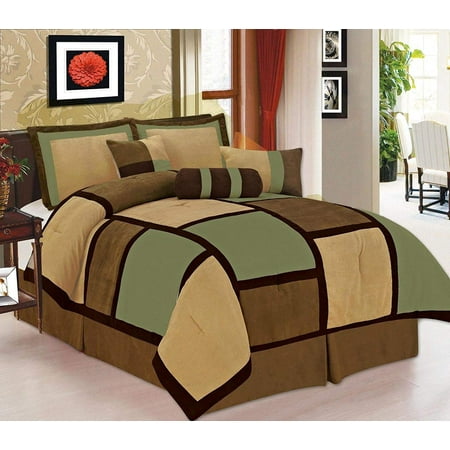 Legacy Decor 7 Piece Sage Brown And Beige Micro Suede Patchwork