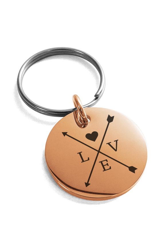 Stainless Steel Heart Love Arrow Compass Engraved Small Medallion Circle Charm Keychain Keyring