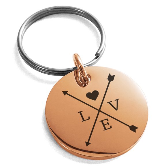 Stainless Steel Heart Love Arrow Compass Engraved Small Medallion Circle Charm Keychain Keyring