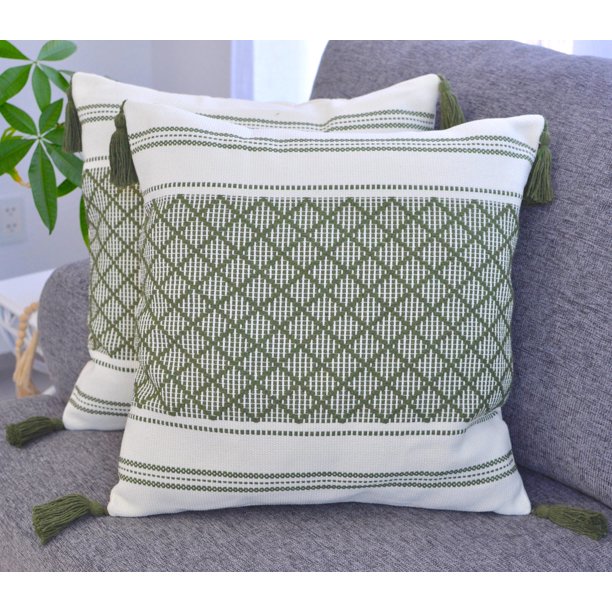 Decorative Boho Tassels Throw Pillow Covers (Olive Green, 20x20 inch