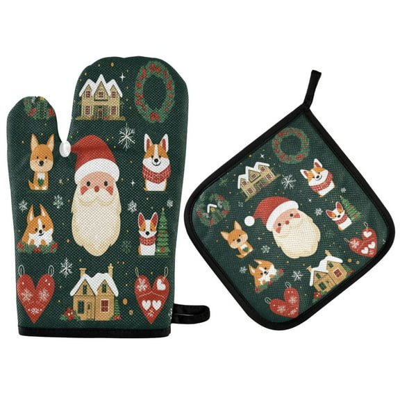 Yayeee Oven Mitts and Pot Holder Set of 2 Heat Resistant Kitchen Gloves Baking Hot Pad, Green Christmas