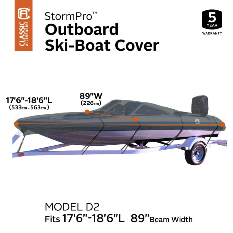 Classic Accessories StormPro Heavy-Duty Outboard Ski-Boat Cover, Fits boats  17 ft 6 in - 18 ft 6 in long x 89 in wide