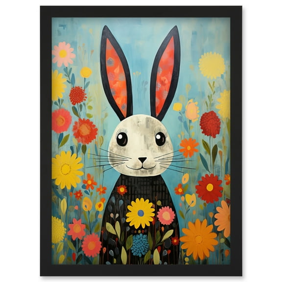 Funny Bunny Illustration Modern Floral Rabbit Animal Artwork for Kids Bedroom or Baby Nursery Artwork Framed Wall Art Print A4