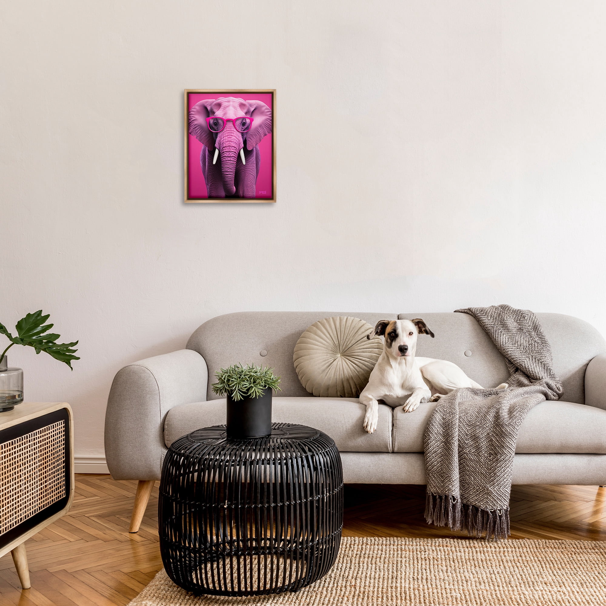 Stupell Industries Vivid Pink Elephant Animals & Insects Painting Brown Floater Framed Canvas Art Print Wall Art, 17 x 21