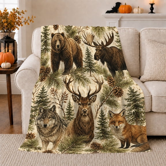 Rustic North American Wildlife Forest Scene, Peaceful Mountain Lake Scene, Warm Flannel Blanket for Cabin and Lodge, Outdoor Lovers Camping Gift, Rustic Home Decor