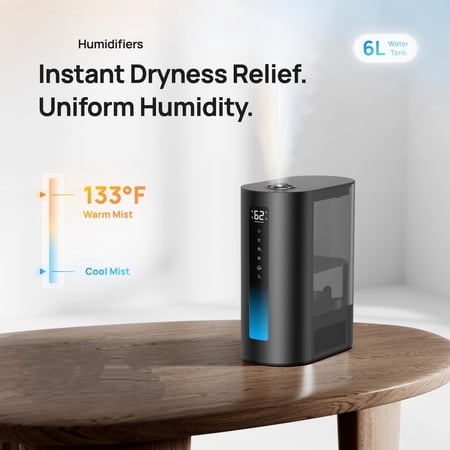 6L Humidifiers for Bedroom, Smart Warm & Cool Mist for Large Room, 60Hr Quiet Runtime for Baby, Plant, Humidity Sensor, Indicator Light, 12H Timer, Google/Alexa, Black