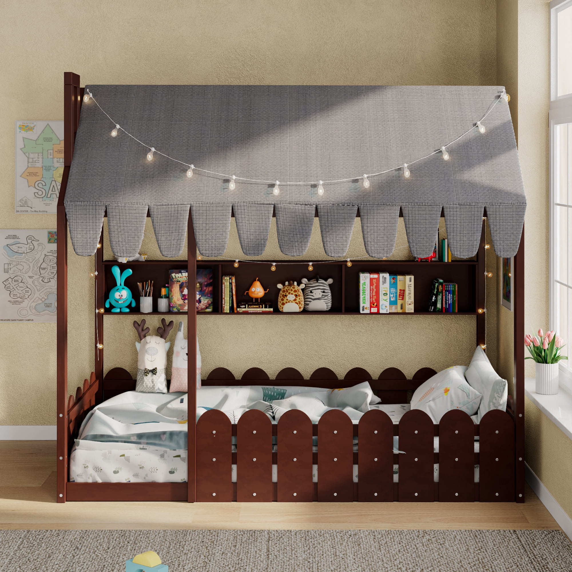 Aukfa Twin House Bed with Fence and Tent for Kids, Wooden Montessori Bed with LED Lights & Storage Shelves for Toddler Boys and Girls Bedroom, Espresso