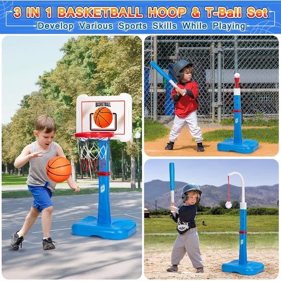 3 in 1 Kids Basketball Hoop and T Ball Set