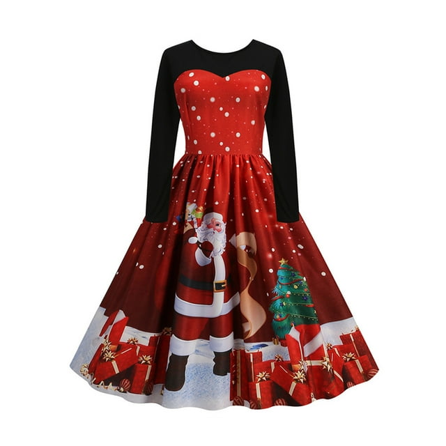 MAWCLOS Robe Midi Trapèze à Col Ras du Cou pour Femmes, Vacances, Manches Longues, Robe de Noël, Noir, G
