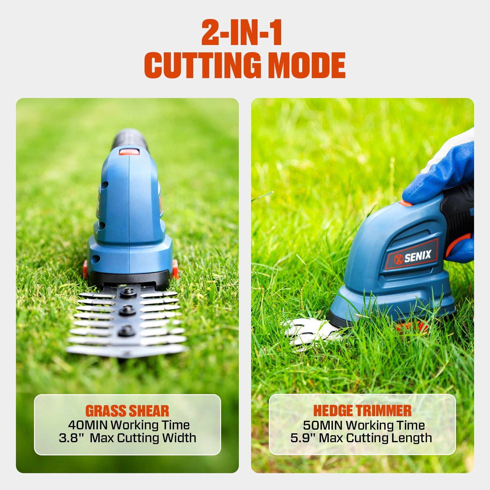 SENIX 7.2V 2-in-1 Cordless Grass Shear & Hedge Trimmer with 2.0 Ah Battery and Charger, Interchangeable 4-inch & 6-inch Blades,GSS2-L
