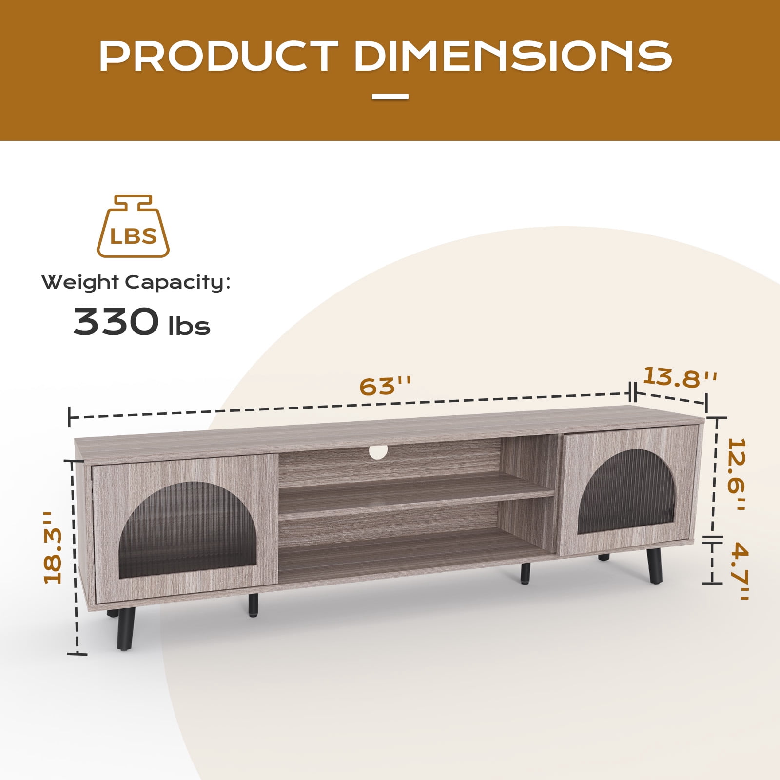Ktaxon Modern LED TV Stand with 2 Fluted Arched Doors, 63" Entertainment Center Media Gaming Console for 55/60/65" TVs with RGB Lighting, Washed Gray
