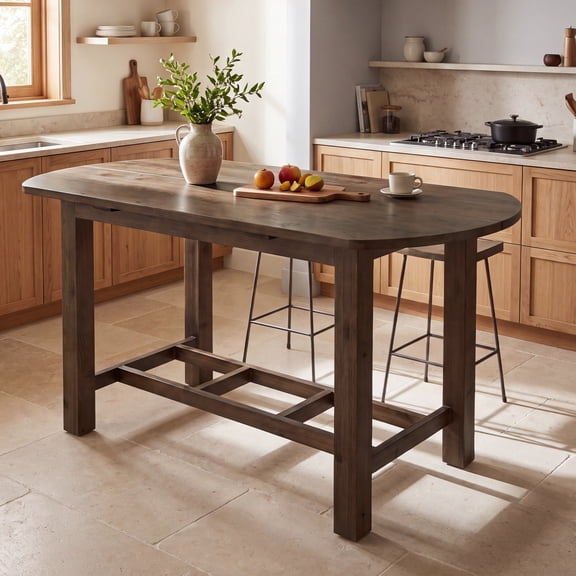 Finmind 63" Solid Wood Kitchen Island, Farmhouse Island Table with Oval Tabletop, for Kitchen, Living Room, Dining Room, Vintage Brown